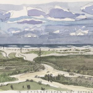 Siemen Dijkstra, Schiermonnikoog Paal 10 In broedseizoen niet betreden, tekening met aquarel, 2015, 14x42 cm, 400 euro Siemen Dijkstra, Schiermonnikoog Paal 10 In broedseizoen niet betreden