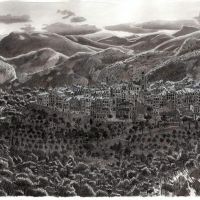Spookdorp (Ghosttown), 2018, Inkt en aquarel op papier 38 x 52 cm ingelijst 47 x 61 cm Spookdorp (Ghosttown), 2018, Inkt en aquarel op papier 38 x 52 cm ingelijst 47 x 61 cm