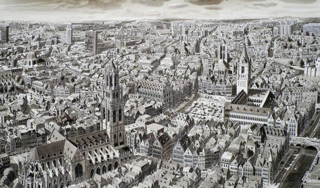 Stad in België (City in Flandres), 2019, Inkt en aquarel op papier 46 x 76 cm ingelijst 58 x 88 cm
