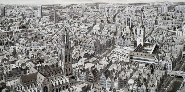 Stad in België (City in Flandres), 2019, Inkt en aquarel op papier 46 x 76 cm ingelijst 58 x 88 cm