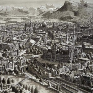 Stefan Bleekrode, Stad bij de bergen (City by the Mountains), 2018, Inkt en aquarel op papier 38 x 56 cm, ingelijst 46 x 65 cm Stefan Bleekrode, Stad bij de bergen (City by the Mountains), 2018, Inkt en aquarel op papier 38 x 56 cm, ingelijst 46 x 65 cm