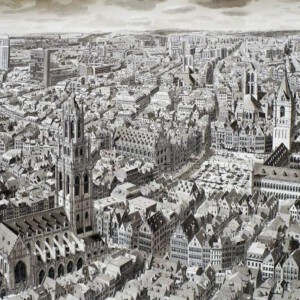 Stad in België (City in Flandres), 2019, Inkt en aquarel op papier 46 x 76 cm ingelijst 58 x 88 cm Stad in België (City in Flandres), 2019, Inkt en aquarel op papier 46 x 76 cm ingelijst 58 x 88 cm