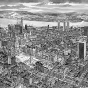 Stad in Noord Engeland (City in Northern England), 2018, Inkt en aquarel op papier 60 x 82 cm ingelijst 70 x 92 cm Stad in Noord Engeland (City in Northern England), 2018, Inkt en aquarel op papier 60 x 82 cm ingelijst 70 x 92 cm