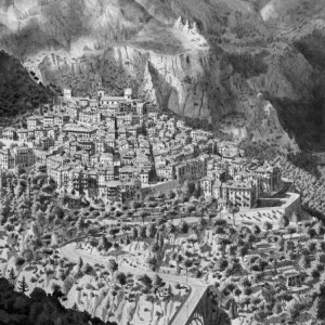 Stefan Bleekrode, Dorp in de bergen, 2017, Inkt en aquarel op papier 66 x 47 cm ingelijst 74 x 55 cm (detail) Stefan Bleekrode, Dorp in de bergen, 2017, Inkt en aquarel op papier 66 x 47 cm ingelijst 74 x 55 cm (detail)