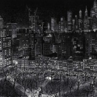 Stefan Bleekrode, Manhattan en Brooklyn bij nacht, 2016, Steendruk, 21 x 29 cm.